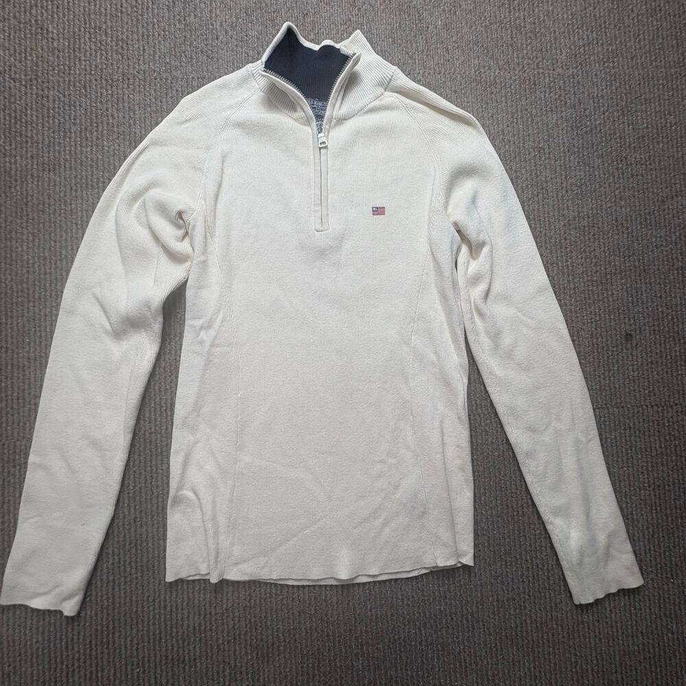 Vintage Polo Jeans Ralph Lauren Ivory Quarter Zip Ribbed Sweater Womens medium